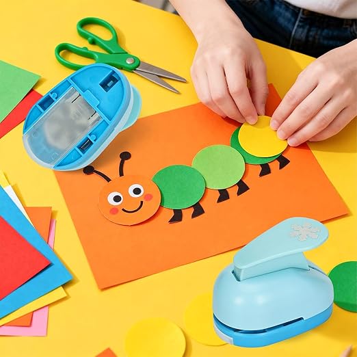 Craft Punches 8 Pack with 6 Sticker Paper, 1inch Hole Punch Shapes Medium Paper Shape Punches for Paper Craft DIY Scrapbooking