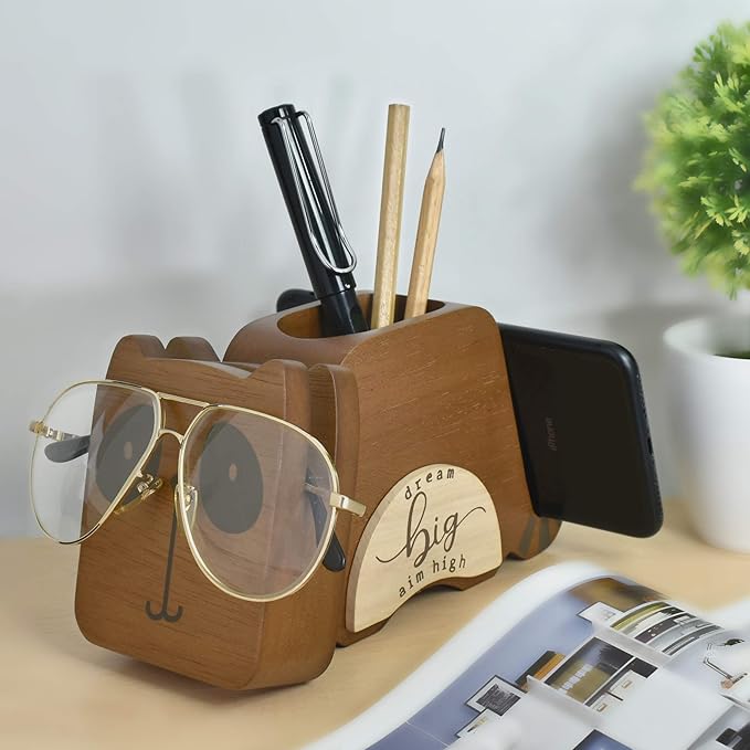 I'm Wood Multipurpose Raccoon Eyeglass Phone Pen & Pencil Holder Stand Stationery Desk Organizer Accessories Decor, for Home Office Desktop Decoration Birthday Graduation Gifts “Dream Big Aim High”