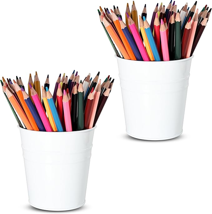 Pen Holder Cups for Desk,Metal Pencil Holder,Marker Pen Storage Holder Desktop Stationery Organizer Makeup Brush Holders, Desk Accessories & Workspace Organizers for Office School Home -2 Pack (White)
