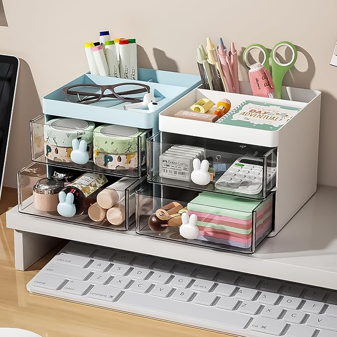 Marbrasse Small Desk Organizer with Drawer, Multi-Functional Pen Pencil Holder Storage Box, Desk Organizers and Accessories with 3 Compartments + 2 Drawer for Office Art Supplies(Blue)