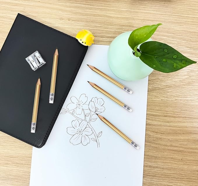 Adhere 25pcs Golf Pencils with eraser Hexagon Wooden Pencils Graphite 2B for Golf Event Scoring,Classroom,Wedding,Company Meetings,Pew, Pocket (Gold)