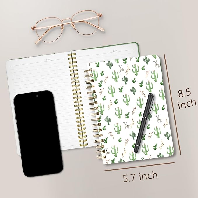 Cute Spiral Notebook journal A5 Aesthetic Pretty Floral Design for Women Girls Kawaii with Pocket, 8.5 x 5.7 inch, Cactus