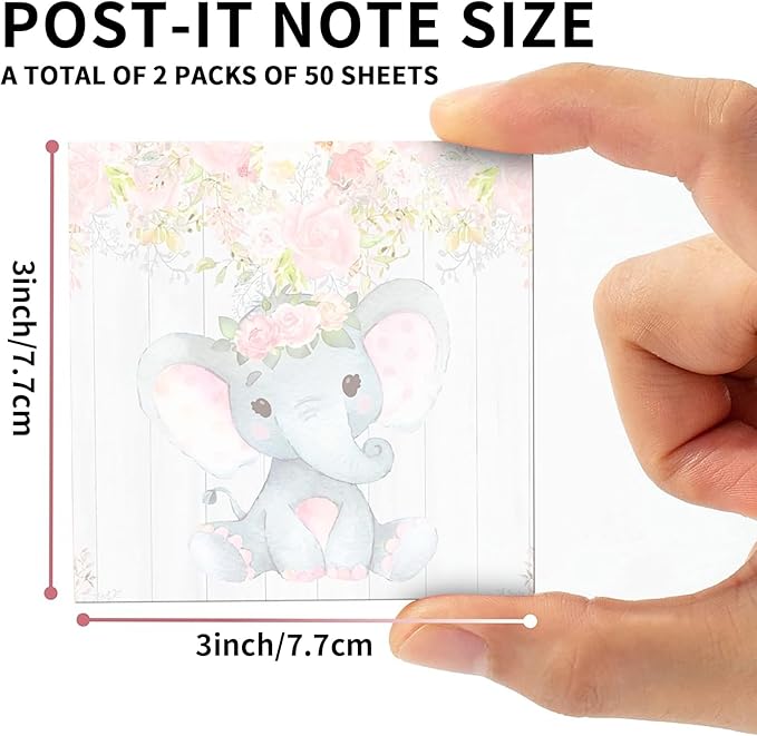 2 Pack Sticky Notes 3x3 Inches, Bright Cute Strong Sticking Power, Easy to Post for Home, Office, 80sheets/Pads, Floral Elephant