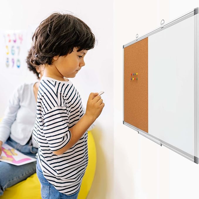 Comix Cork Board Magnetic Dry Erase Board Combo, 24 x 18 Inches Whiteboard and Bulletin Board Combination, Aluminum Frame Vision Board with 4 Dry Erase Markers, 4 Magnets, Eraser, Push Pins