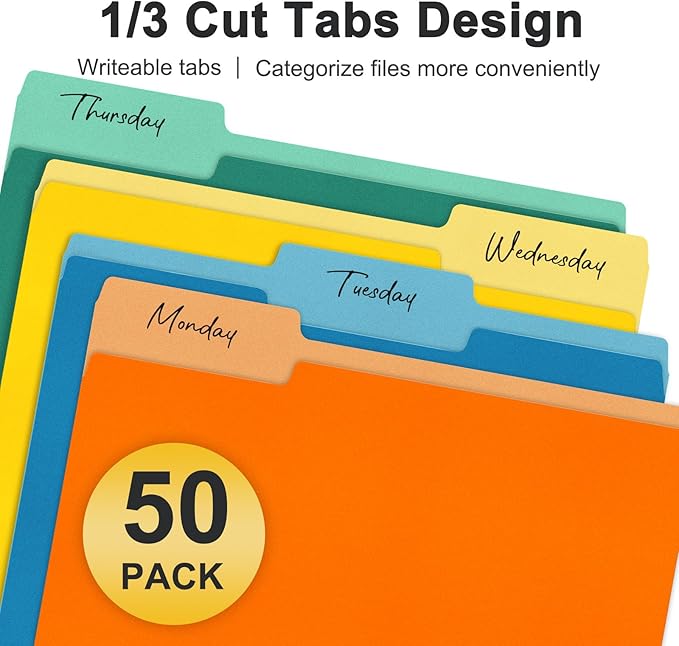 ViVin File Folder, 50 Pack Colored File Folders with 1/3-Cut Tabs, Fits 8.5 * 11 Letter Size Paper, Manilla Folders for Home Office School Documents(Multicolored)
