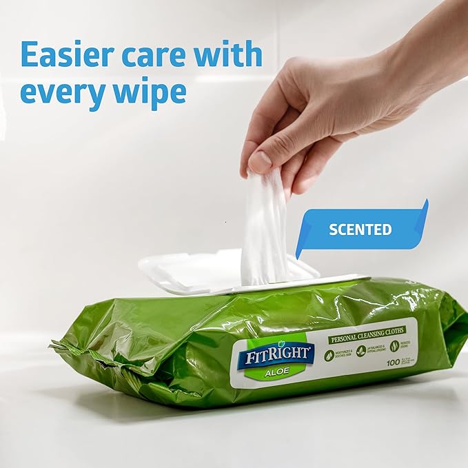 FitRight Aloe Personal Cleansing Cloth Wipes, Scented, 8 x 10 inch Adult Large Incontinence Wipes, 68 count, pack of 12