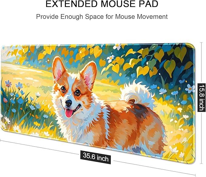 Auhoahsil Large Gaming Mouse Pad, Animal Theme XXL 35.4 x 15.7 in Desk Pad Stitched Non-Slip Rubber Long Computer Mousepad Thin Extended Full Size Desk Mat for Desktop, Laptop, Wireless Mice, Corgi