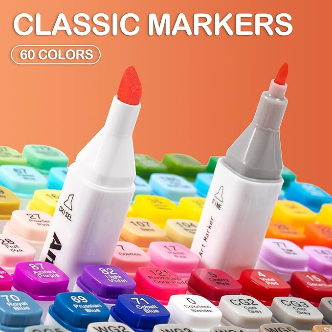 AnyMark Alcohol Markers, 60 Colors Dual Tip Art Coloring Markers Set for Kids Adult Book Drawing Sketching Painting, Chisel & Fine, White Penholder