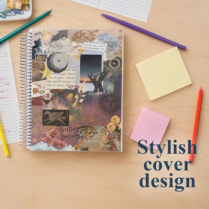 Erin Condren 8.5” x 11” Productivity Spiral Notebook, Lines & Checklist Layout with 80 Lb. Paper, Cosmic Collage Cover, 160 Productivity Notebook Pages, Platinum Coil, Stickers Included