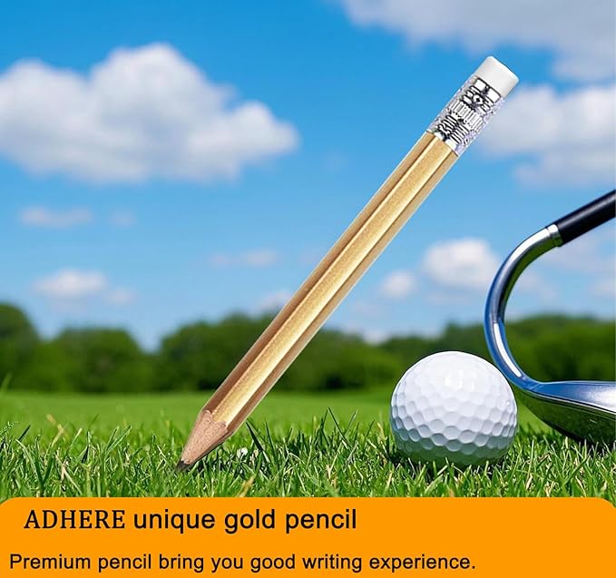 Adhere 25pcs Golf Pencils with eraser Hexagon Wooden Pencils Graphite 2B for Golf Event Scoring,Classroom,Wedding,Company Meetings,Pew, Pocket (Gold)