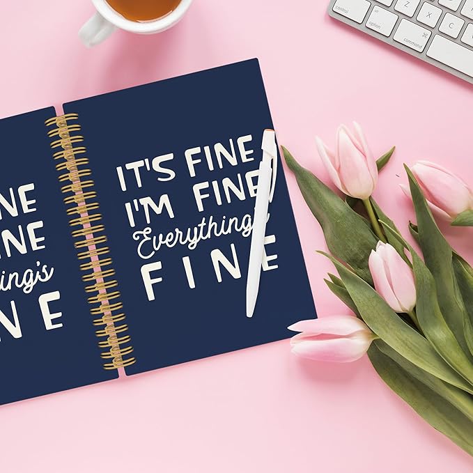 XPH Funny Navy Blue Spiral Notebook, It's Fine I'm Everything Is Fine Journaling Notebooks for Women Men, Humorous Hardcover Journals for Office 160 Pages 5.5 x 8.3 Inch, Sarcastic Gifts for Coworkers