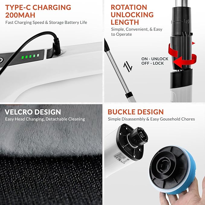 Electric Spin Scrubber-13in1 Cordless Electric Cleaning Brush-9 Replaceable Brush Heads-2 Speeds Shower Scrubber-3 Adjustable Size Handle-IPX7 Waterproof Bathroom Cleaner,Crevice Brush,Tile,Walls,Tub