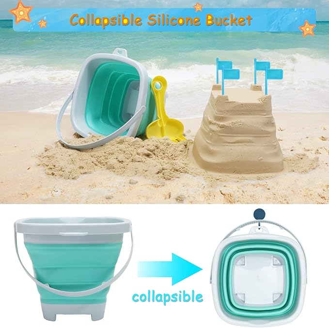 Beach Toys Sand Set for Kids, Collapsible Bucket and Shovels with Mesh Bag, Molds, Flags, Sandbox Kids Toddlers, Travel (Tavel Size)