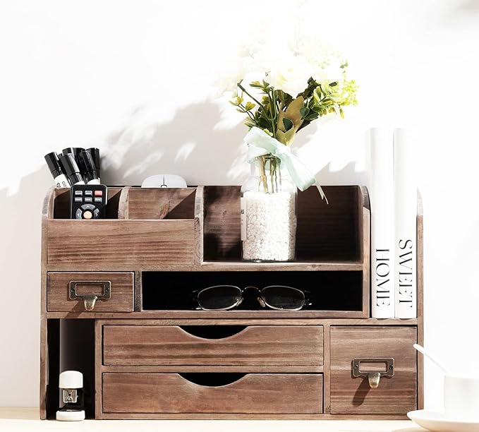 Executive Office Solutions Adjustable Wooden Desk Organizer For Desktop, Tabletop, Office or Counter – Wood Storage Shelf Rack For Office Supplies, Desk Accessories, or Mail – Brown