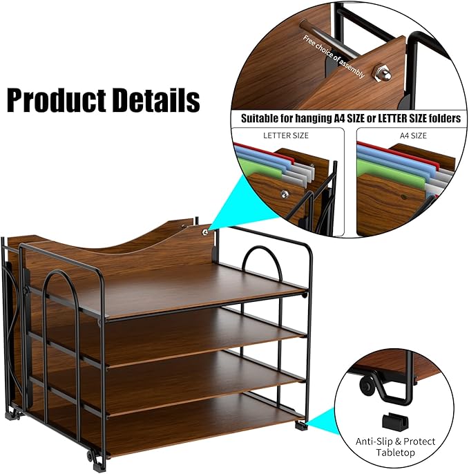 Desk File Organizer, 4-Tier Desk Organizers Wood with 5 A4 File Folders, Letter Size Office Organization, Letter Paper Tray Organizer for Office, School, Home, Black