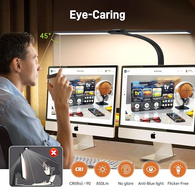 LED Desk Lamp for Home Office, Eye-Caring Desk Light with Clamp, 24W Double Head Architect Task Lamp Stepless Dimming, Flexible Gooseneck Bright Table Lamp for Study Reading Workbench Drafting