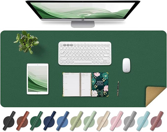 Large Desk Pad 35.4" x 17", Non-Slip Desk Mat with PU Leather & Natural Cork, Waterproof Writing Desk Natural Cork, Computer Mat Desk Protector for Office Home, Dark Green