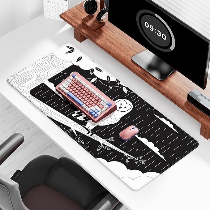 Auhoahsil Desk Mat, Ultra Large Mouse Pad, XXL Gaming Mousepad, Pretty Desk Pad, Big Extended Full Size Desktop Desk Matt for Keyboard, Laptop & Computer, 35.5 x 15.7 in, Gothic Black White Owl