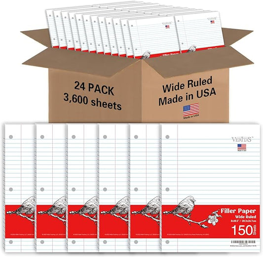 Loose Leaf Notebook Paper, 8"x10-1/2" Wide Ruled Lined Paper, Bulk Filler Paper, 3 Hole Punched For 3 Ring Binder, 150 Sheets/Pack, 24PK Per Carton, 3600 Sheets, Made In USA