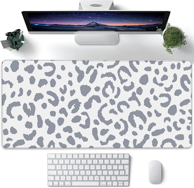 Desk Pad, Abstract Grey Leopard Prints Extended Large Gaming Mouse Pad for Desk XXL, Large Desk Mat for Desktop with Non-Slip Rubber Base Stitched Edges for Computer Keyboard Home Office 35.4"X15.7"