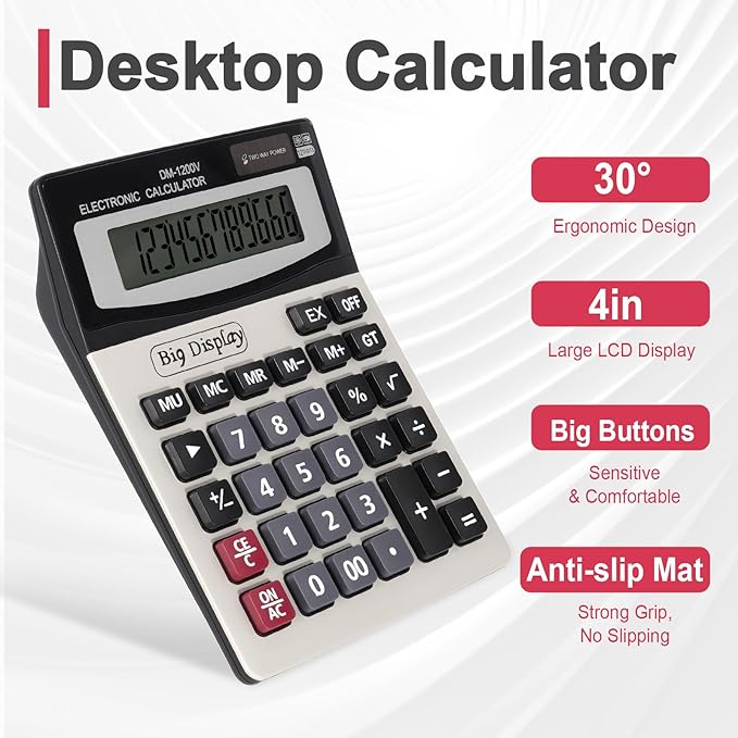Desk Calculator, Extra Large 4in LCD Display, 12 Digits, Solar & Battery Dual Power, Calculators Desktop With Big Buttons, Auto Shut-off, Calculator for Office School Home Business Basic Black