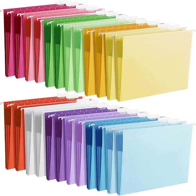 Yaomiao 24 Pack Hanging File Folders 3 Pleats Letter Size File Cabinet Folders with 1/5-Cut Adjustable Tabs Expandable Document Cabinet Colored for Home Desk Office Organization(Bright Color)