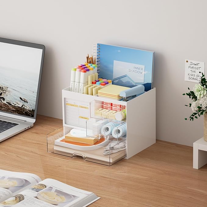 Marbrasse Desk Organizer with 3 Drawer, Multi-Functional Pencil Pen Holder for Desk, Desk Organizers and Accessories with 4 Compartments, Desktop Organizer Storage for Office Home Art Supplies (White)