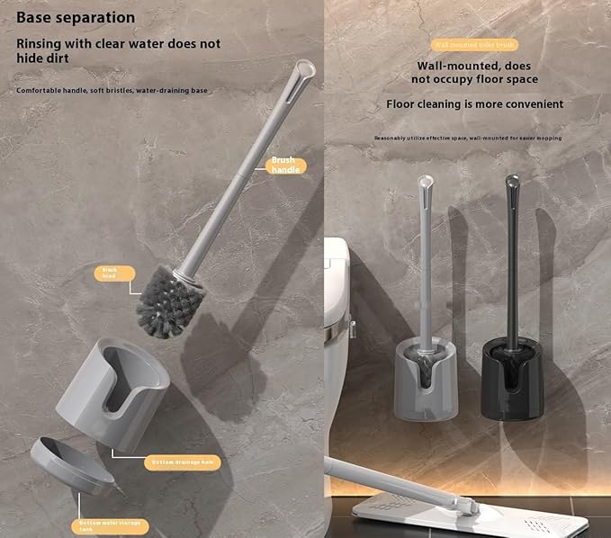 Wall Mounted Toilet Brush Set with No-Drill Adhesive & Drip-Free Tray Space-Saving Toilet Cleaning Brush Holder Deep CleansNoMessStorageSlides Under Sinks (Black)