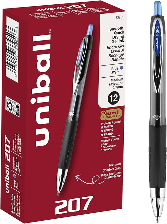 uni-ball 207 Retractable Gel Pens Medium Point, 0.7mm, Blue, 12 Pack