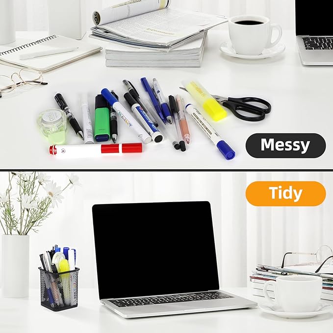 TooCust Black Mesh Pencil Cup Holder for Desk, 12 Pack Mesh Square Pen Holder - Thickened Metal & Non-Slip Bottom, Wire Pencil Holder Makeup Brush Holders Pen Cup Bulks for Home, School & Office