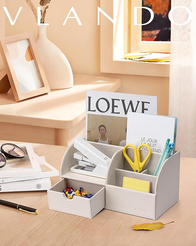 Vlando Office Supplies Desk Organizer Caddy, PU Leather Office Organization and Storage,Desktop Hanging File Letter Document Storage Holder with Drawer Beige