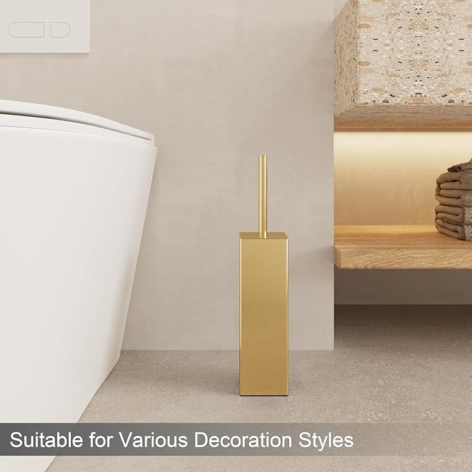 Kelirol Gold Square Stainless Steel Toilet Brush with Holder, 304 Modern Toilet Brush Set – Rust Resistant, Long Handle, Replacement Heads, Floor Standing Bathroom Toilet Cleaning Brush