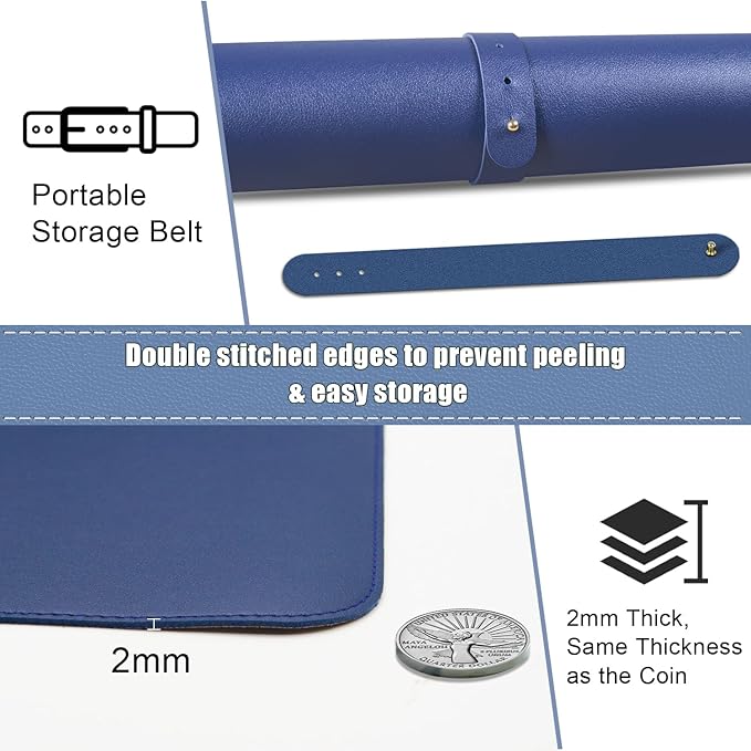 Non Slip Desk Mat, 31.5" x 15.7" PU Leather Desk Pad, Cork Desk Mat for Desktop, Desk Pad for Keyboard and Mouse, Ideal for Office and Home, Dark Blue