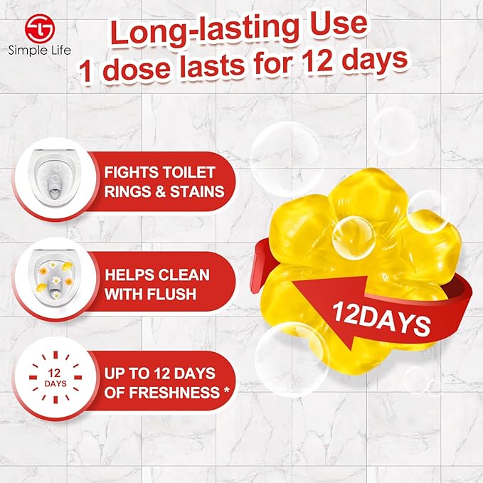 Simple Life Toilet Bowl Cleaner Gel | Fresh Flower Toilet Gel Stamp | Stops Limescale and Stains with Air Freshening Scent | Deodorizing Clean | 64 Stamps, Blue & Yellow