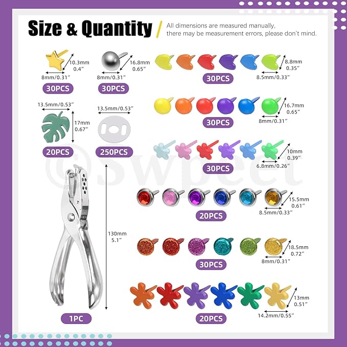 Swpeet 240 Sets 9 Styles and 5 Sizes Multicolor Split Pins Mini Brads Metal Brad with Hole Punch Assortment Kit, Metal Paper Brass Paper Fasteners Pastel Brads for Scrapbooking and Clothing Shoes