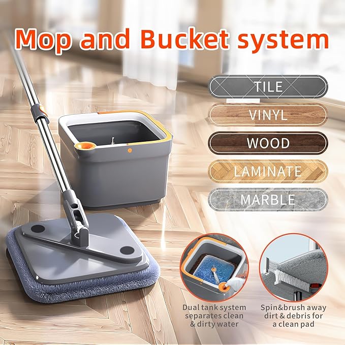 KZKR Spin Mop and Bucket Set with 10 Replaceable Microfiber Mop Pads with Self Separation Dirty and Clean Water System, Self Wringing 360° Rotating Square Mop Head for Hardwood Tile Marble Floors