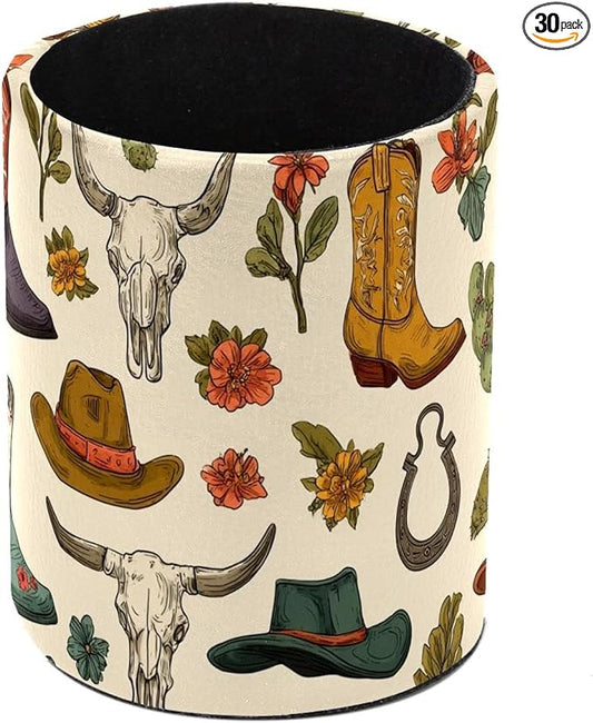 Western Cowboy Boots and Hats Circular Pen Holder, Pen Cup Makeup Brush Holder, Design for School, Home and Stationary Supplies (3.9 x 3.1 Inches)