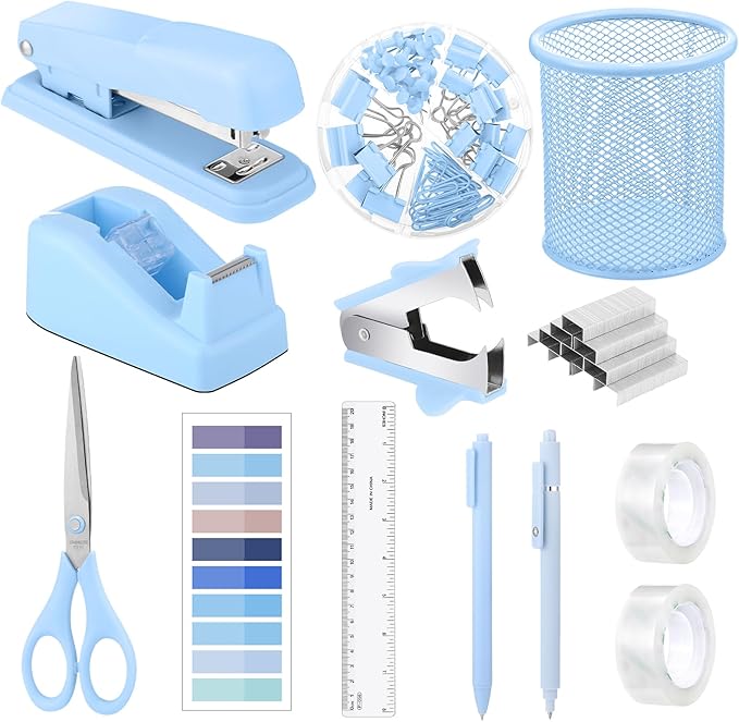 13-in-1 Desk Accessories - Blue Office Supplies with Blue Stapler, Tape Dispenser, 1000 Staples, Scissors, Pen, Pen Holder, Tabs, Ruler, Clips