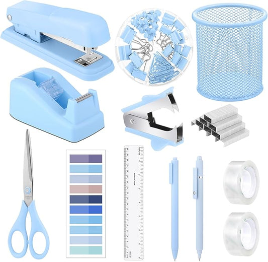 13-in-1 Desk Accessories - Blue Office Supplies with Blue Stapler, Tape Dispenser, 1000 Staples, Scissors, Pen, Pen Holder, Tabs, Ruler, Clips