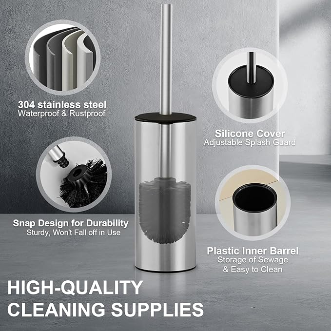 304 Stainless Steel Toilet Brush and Brush Holder Set, Circular Floor Toilet Brush Holder, Long Handle, Bathroom Heavy-Duty Cleaner, High-End Cylinder Wall，2 Brush Head (Brushed) YIGUANXIN