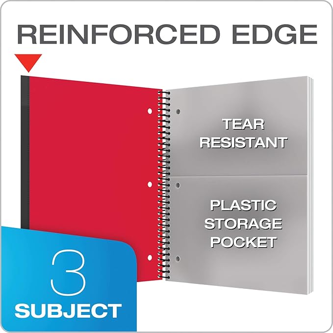 Oxford Spiral Notebook 3 Pack, 3 Subject, Wide Rule, Durable Plastic Covers, Strong Coil, 3 Durable Pockets, 8.5 x 11, 150 Sheets, Red, Green, Blue (89804)