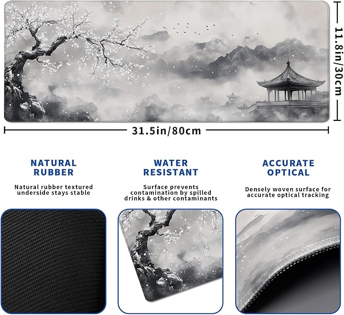 Watercolor Cherry Blossom Mouse Pad Abstract Black Mouse Pad 31.5x11.8 Inch Pagoda Texture Non-Slip Rubber Base Large Mousepad Stitched Edges Keyboard Mouse Mat Desk Pad for Office and Home
