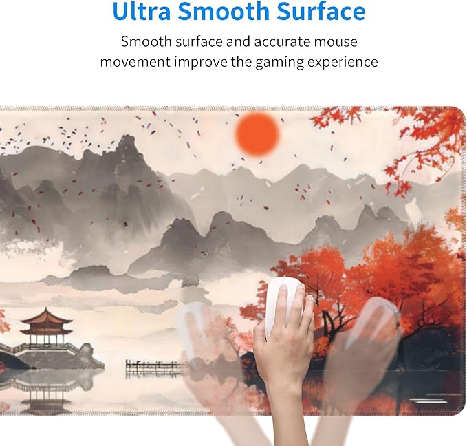 Autumn Landscape Ink Painting Large Mouse Pad, Japanese Anime Gaming Desk Mat, XL Keyboard Desk Pad Mat for Desktop, 31.5"x11.8" Non-Slip Base Big Mousepad with Stitched Edges