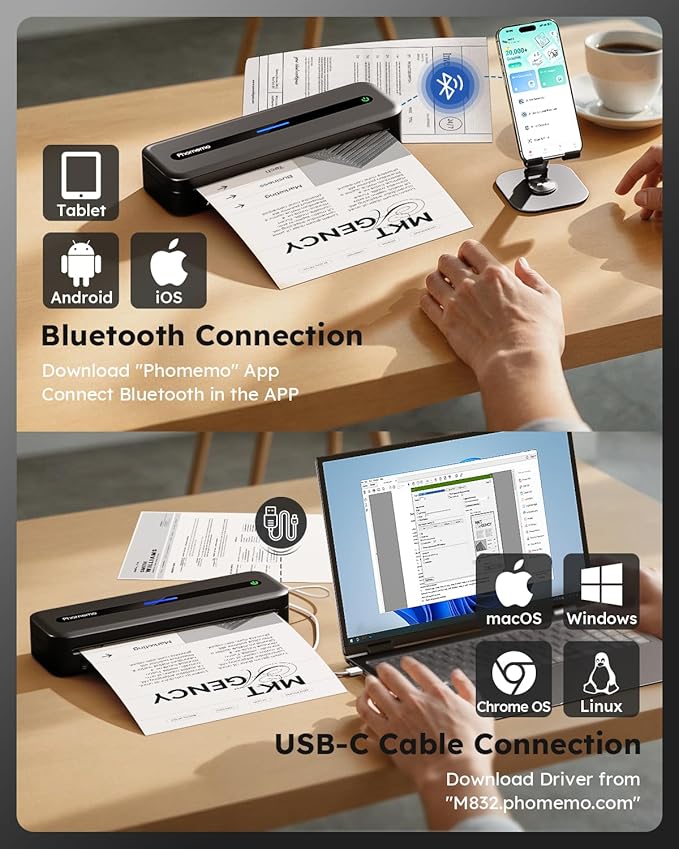 Phomemo Portable Printers Wireless for Travel, Inkless Portable Thermal Printer for Phone Laptop, Support 8.5'' x 11'' US Letter and A4 Szie, Bluetooth Mobile Printers for Vehicle Office Home Use