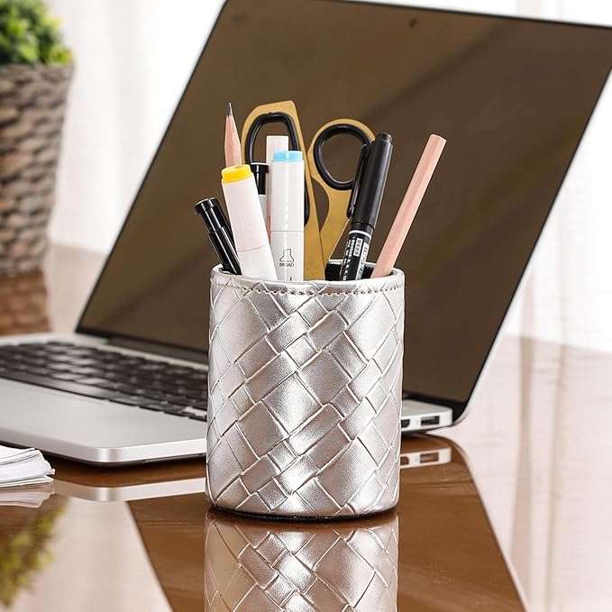 Pen Holder for Desk Cute, PU Leather Pen Stand for Cosmetics Office Organization, Makeup Brush Cup Silver Grid PH112