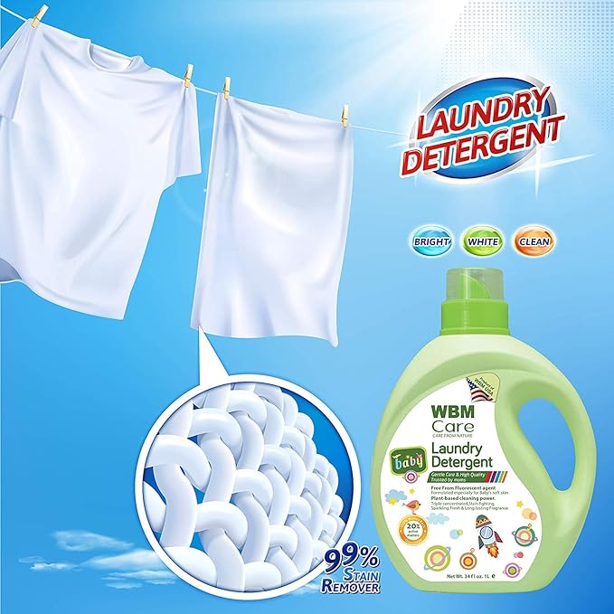 WBM Plant-Based Laundry Detergent Liquid – 34 fl oz, 50 loads total. Eco-friendly formula for powerful cleaning, gentle on fabrics, and safe for the environment