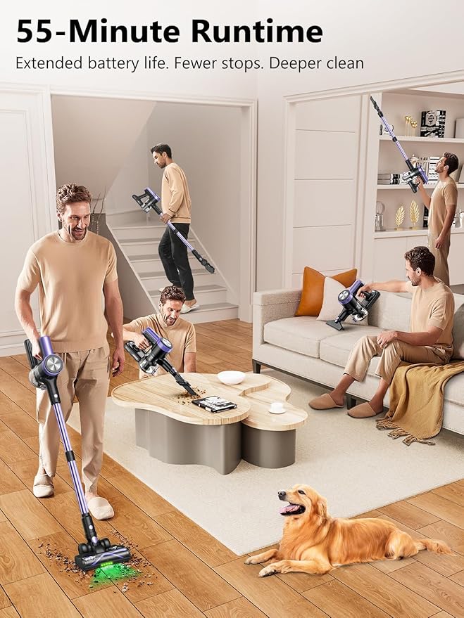 Cordless Vacuum Cleaner, 46KPa/500W Stick Vacuum with 55 Mins Runtime, Self-Standing Vacuum Cleaner for Home, LED Display, Anti-Tangle Brush, Rechargeable Vacuum for Hardwood Floor, Pet Hai (Purple)