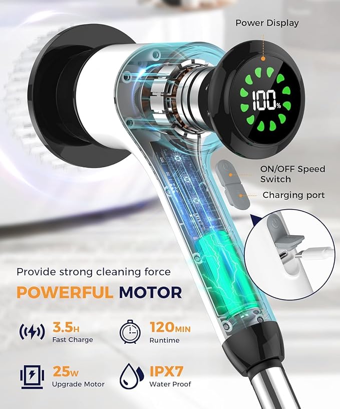 Electric Spin Scrubber, Cordless Cleaning Brush, Bathroom Shower Scrubber with 7 Replaceable Brush Heads, 2 Adjustable Speeds, Extension Handle, IPX7 Waterproof for Tub Tile Floor Car, White-o2.