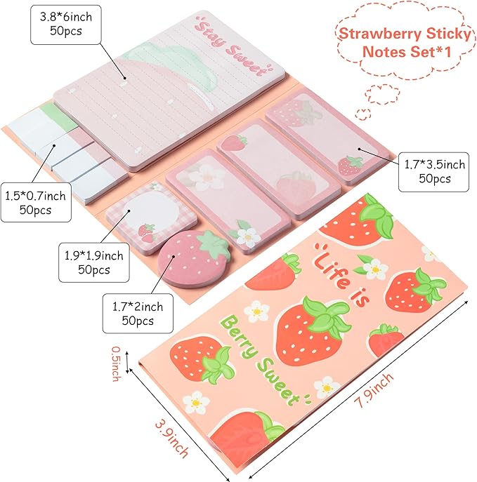 Xqumoi Life is Berry Sweet Sticky Notes Set, 550 Sheets, Strawberry Pattern Self-Stick Notes Pads Summer Fruit Divider Tabs Bundle Writing Memo Pads Back to School Office Supplies Small Gift