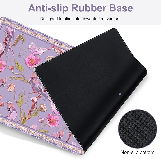 Flower Desk Mat, 4in1 Large Mouse Pad with Wrist Rest, Cute Desk Matt for Desktop, Desk Pad Mat, Anti-Slip XXL Computer Ergonomic Mousepad with Wrist Support for Keyboard and Mouse I Purple Bird